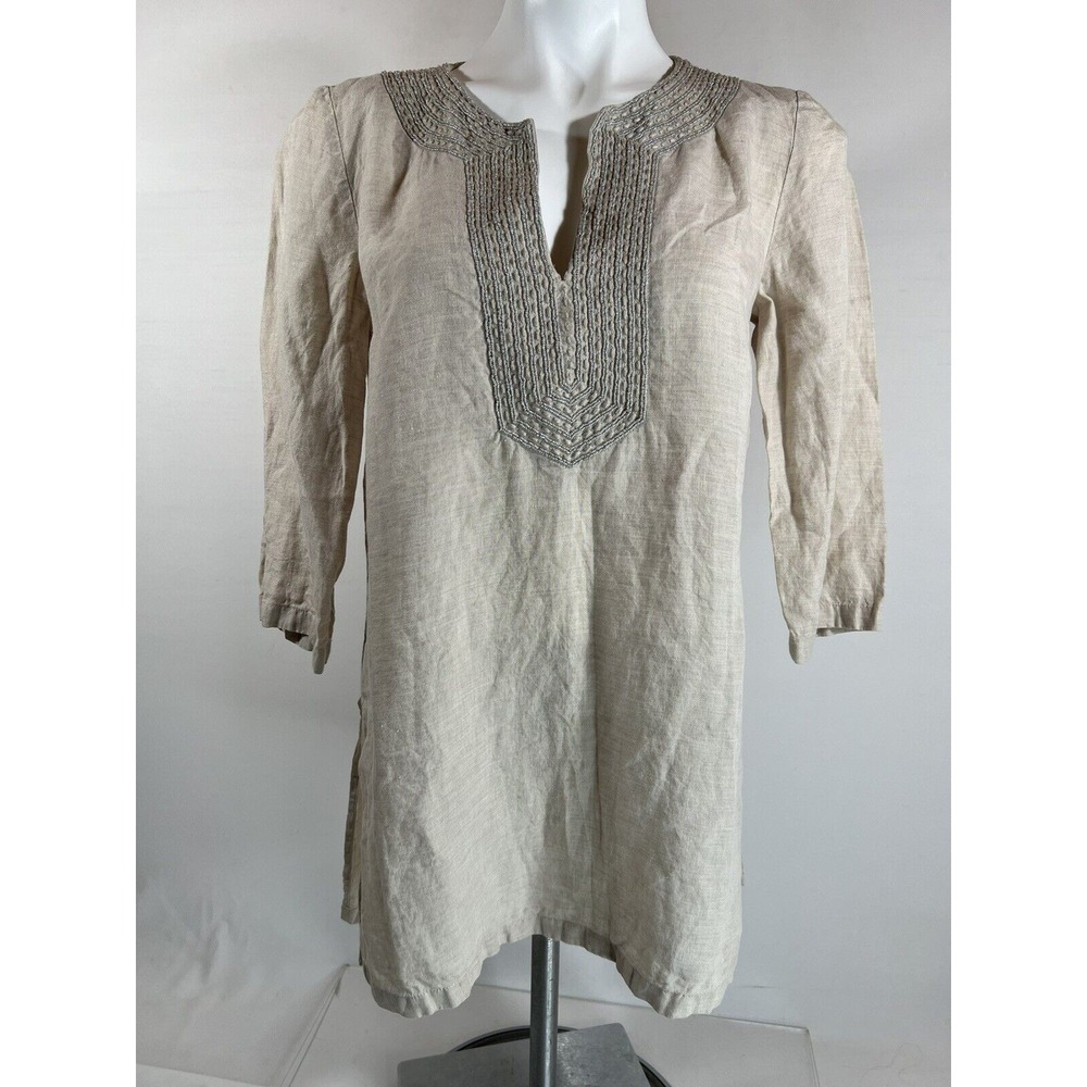 Tommy Bahama Embroidered V Neck Top Women Small Khaki Linen Coastal Resort